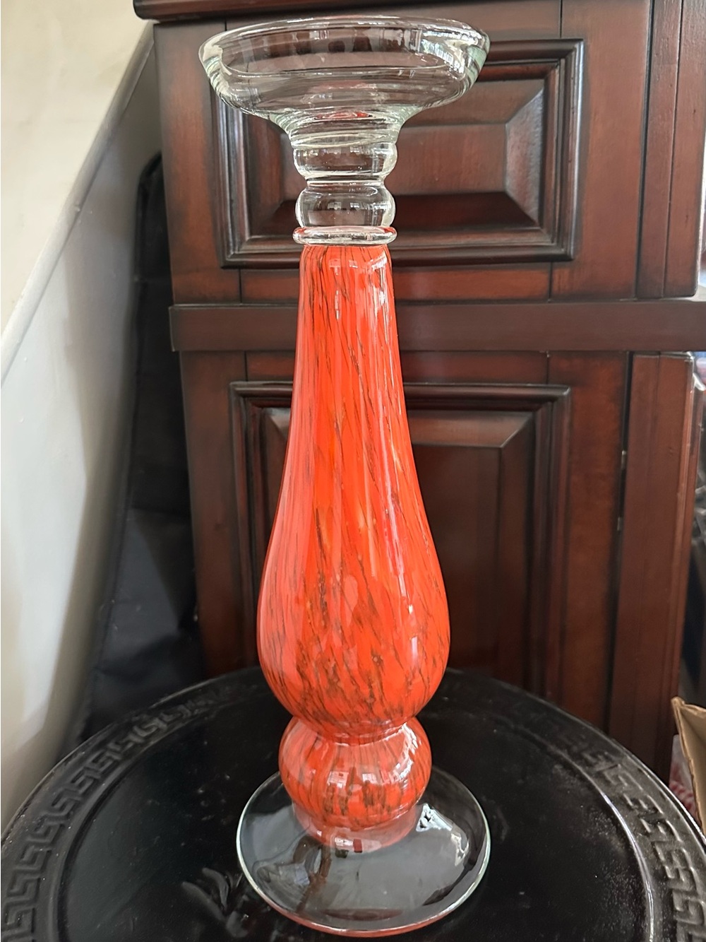 Vintage pier 1 imports red orange glass pillar candlestick holder 15"